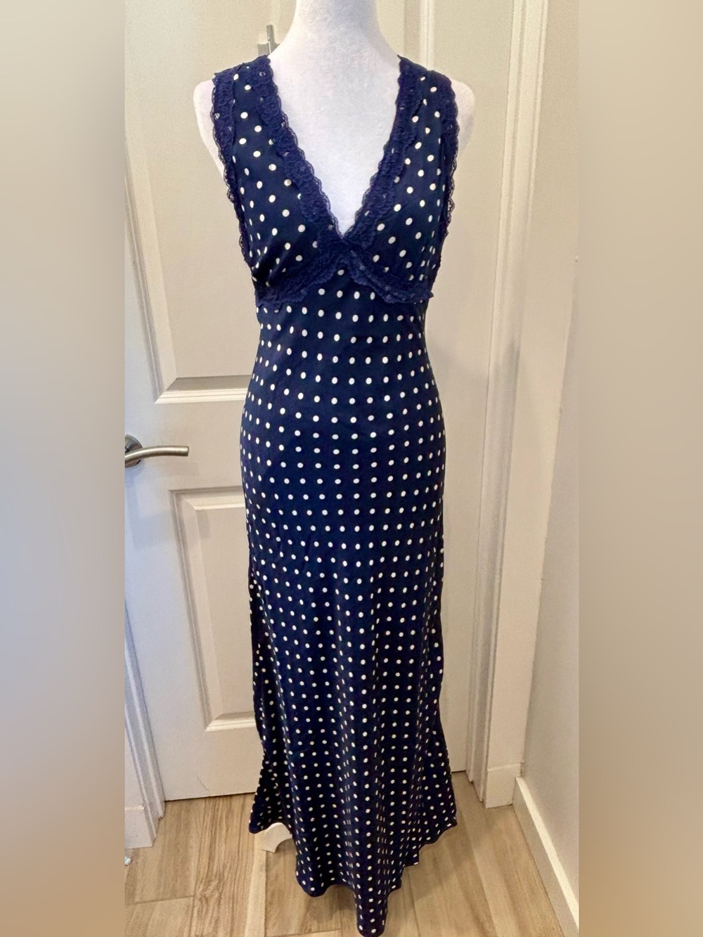 NWT Thirty Thirty Navy Polka Dot Old Hollywood Maxi Dress with Lace Trim- L